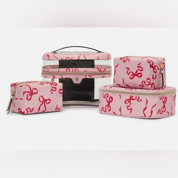 Victoria’s Secret Pink Cosmetic Bag Set with Red Bows - Picture 1 of 3